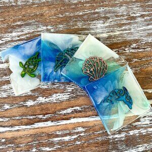 Ocean Animals Ocean Waves Resin Drink Coasters Set of 4 Beach House Dolphin